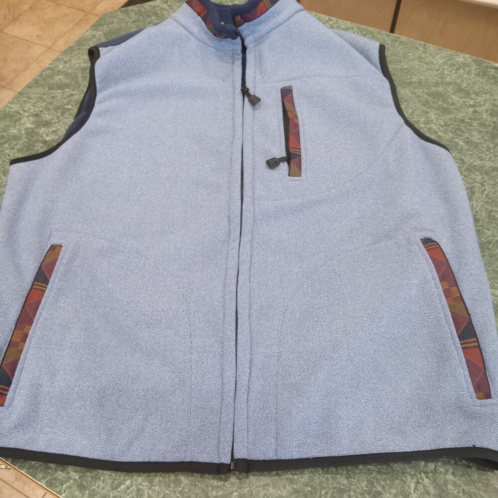Mens XXL Western Aztec Trim Southwestern Blue Vest Fleece Full Zip Pockets Cozy